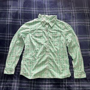 Y2K 2000s Mint Green and white plaid button up shirt with silver detailing.